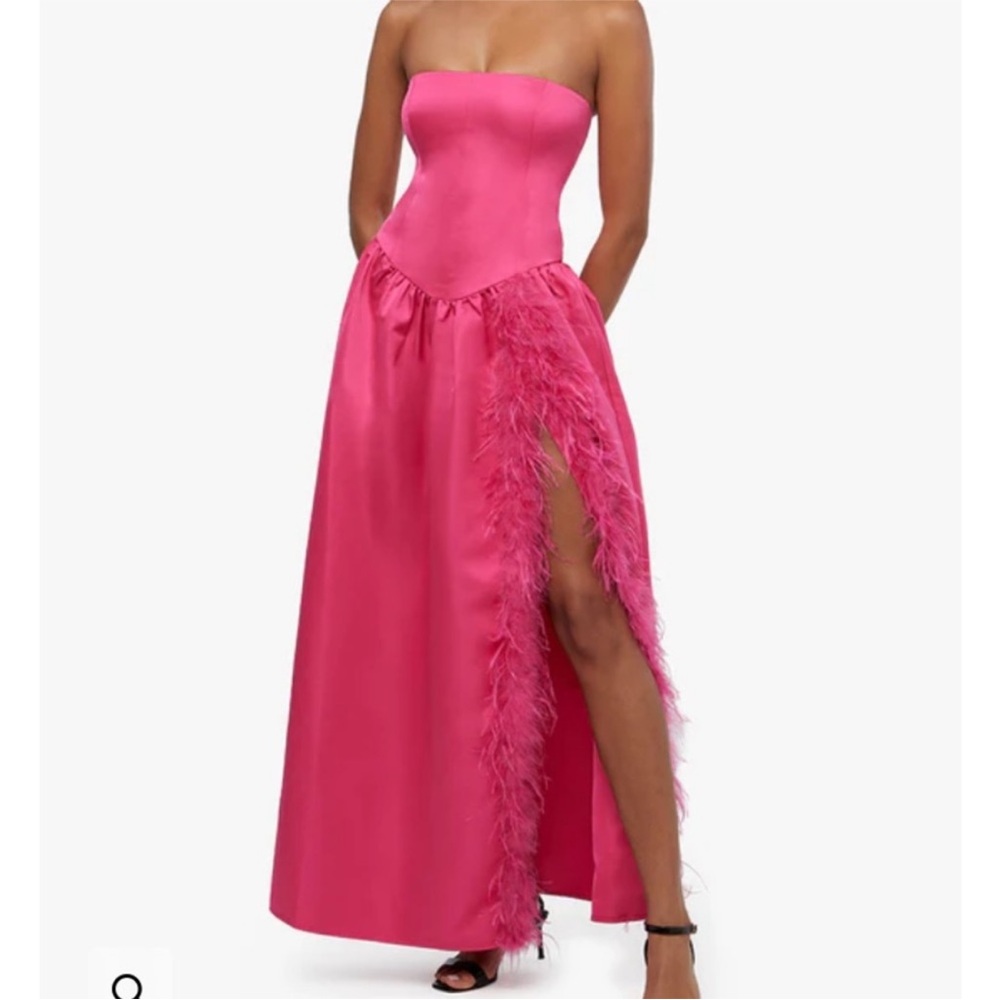 WeWoreWhat Hot Pink Strapless Feather Trim Slit Maxi‎ Dress Size 2